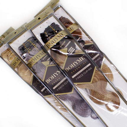 Four packs of 18 Bohyme body wave clip sets in silver, BL613, and ombre