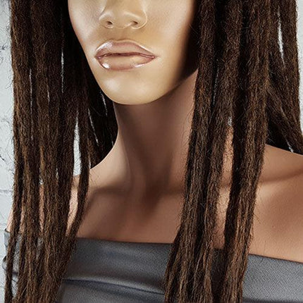 Close up of handmade crochet human hair dreadlocks in Dusted Chocolate dark brown color