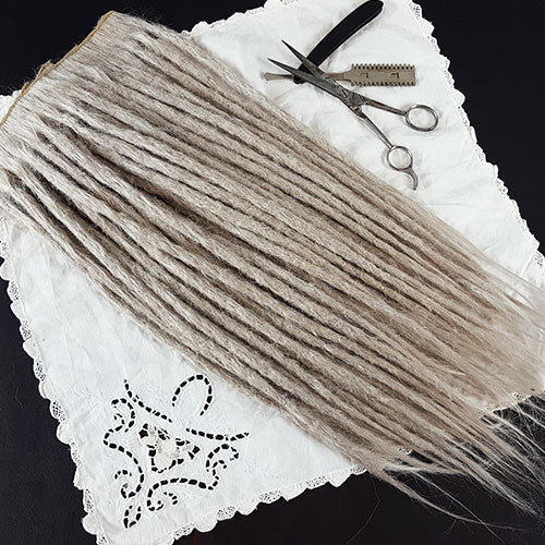 Crocheted synthetic dreadlocks clip set in Salted Caramel blonde color with vintage hair supplies