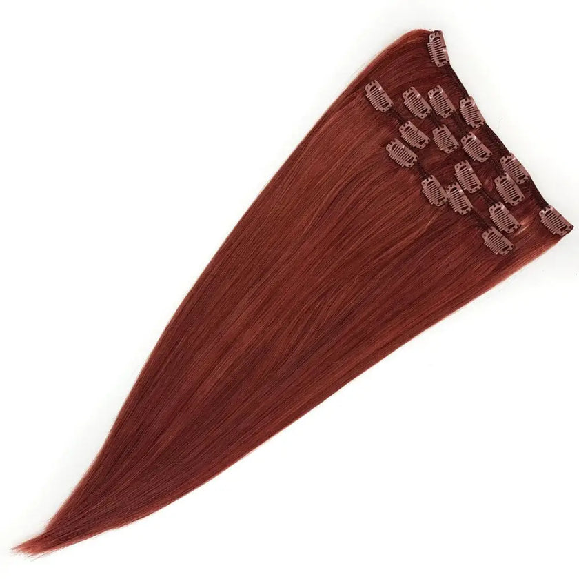 18 inch length remy human hair clip in extensions 7 piece clipset dark red color