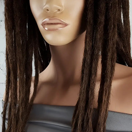 Close up of handmade crochet human hair dreadlocks in Dusted Chocolate dark brown color