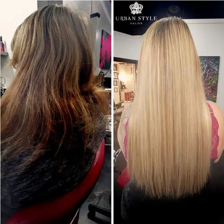 Transformation. Before and after hair extensions