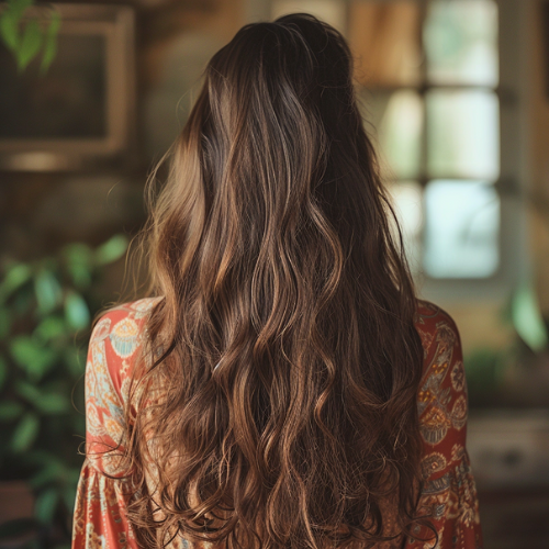 brunette with long thick curled hair extensions