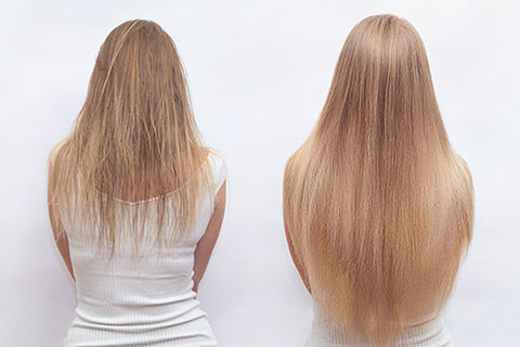 Before image of thin natural hair with split ends and damage side by side with after picture of long beautiful hair with extensions that blends seamlessly