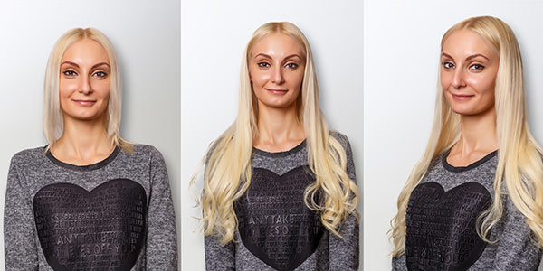 blonde woman before and after with hair extensions