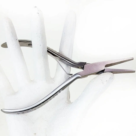 Silver-toned metal jewelry pliers with a sleek, ergonomic design and textured grip handles.