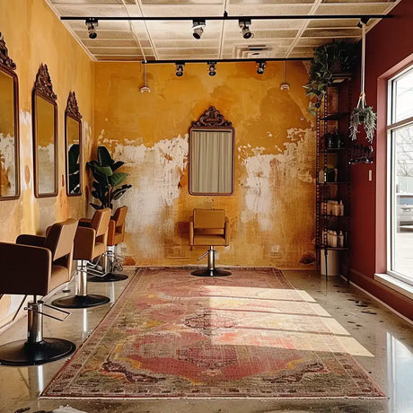 Vintage salon with intricate floral patterns and distressed edges, featuring earthy tones of beige, brown, red, and green