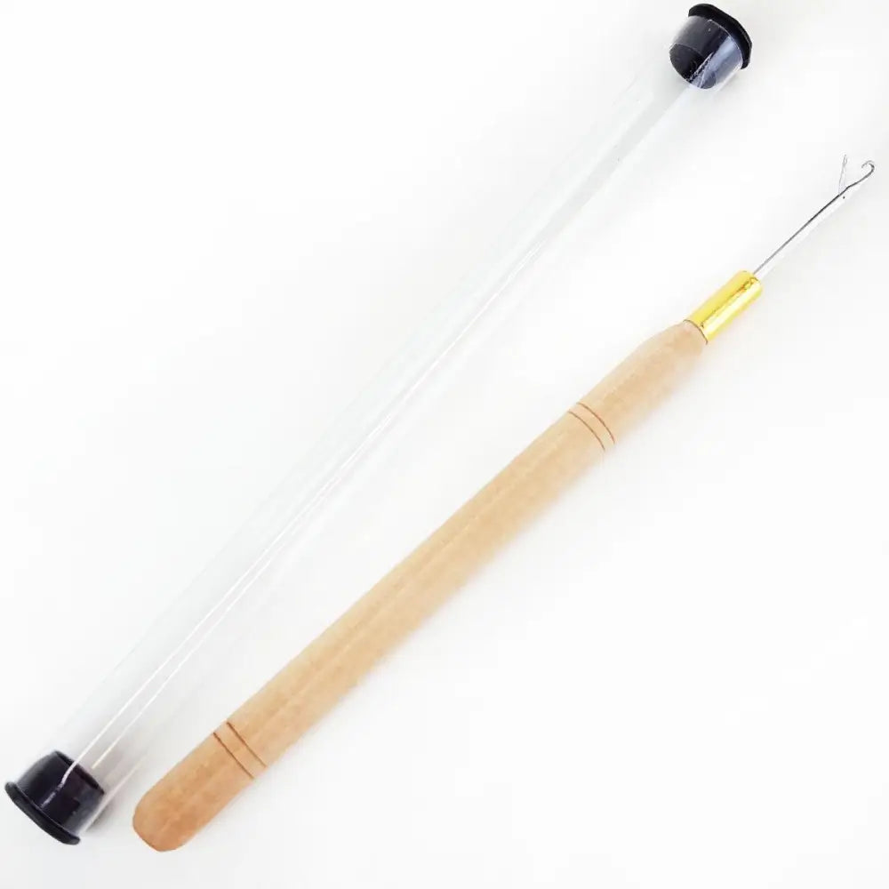 Wood handle latch hook nano microneedle for hair extensions with container tube to the left