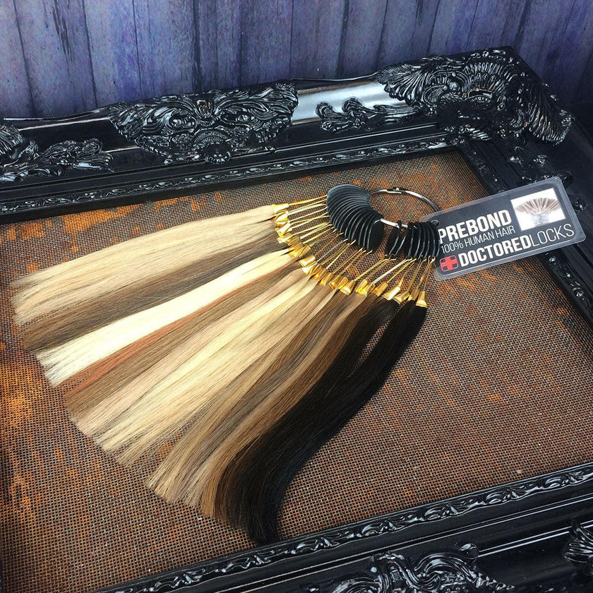 Doctored Locks Prebonded I-Tip Color Ring for hair extension color matching on metal with black frame