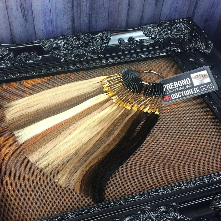 Doctored Locks Prebonded I-Tip Color Ring for hair extension color matching on metal with black frame