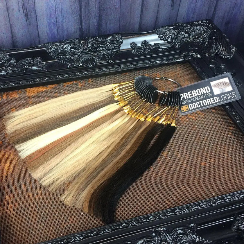 Doctored Locks Prebonded I-Tip Color Ring for hair extension color matching on metal with black frame