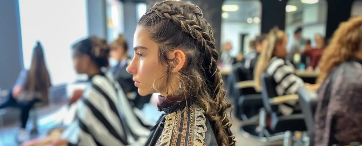 A woman with a detailed, dark brown braided hairstyle featuring intricate patterns and loose strands framing her face.
