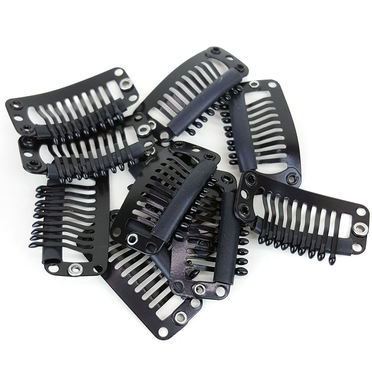 10 Black 1.25 inch rubber backed weave clips on white background