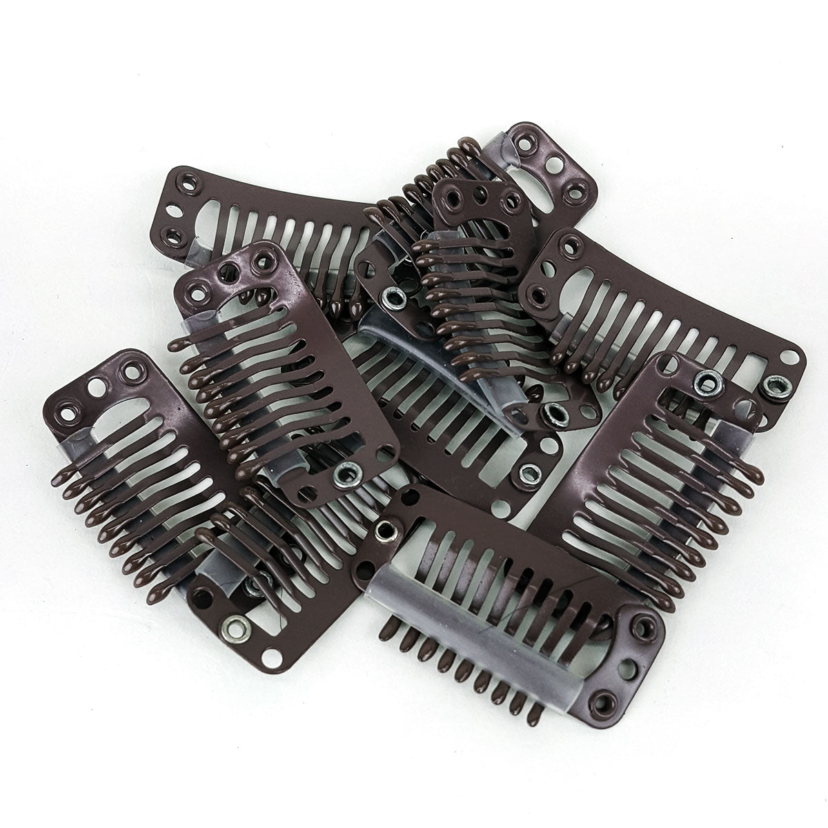 10 Dark brown 1.25 inch rubber backed weave clips on white background