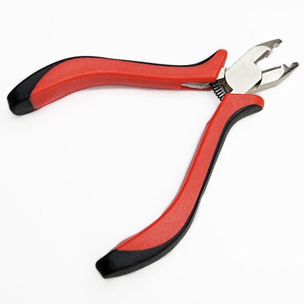 Black and red handle metal linkie microbead opener in white mannequin hand